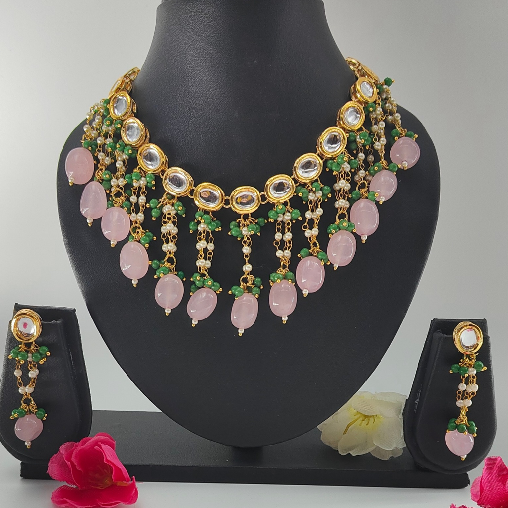 Pink Kundan Studded & Ganthan Mala Necklace set