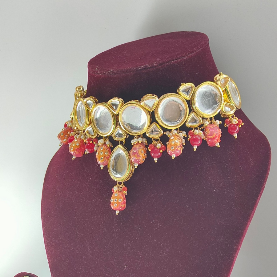 Red & Orange  Kundan Studded Choker set