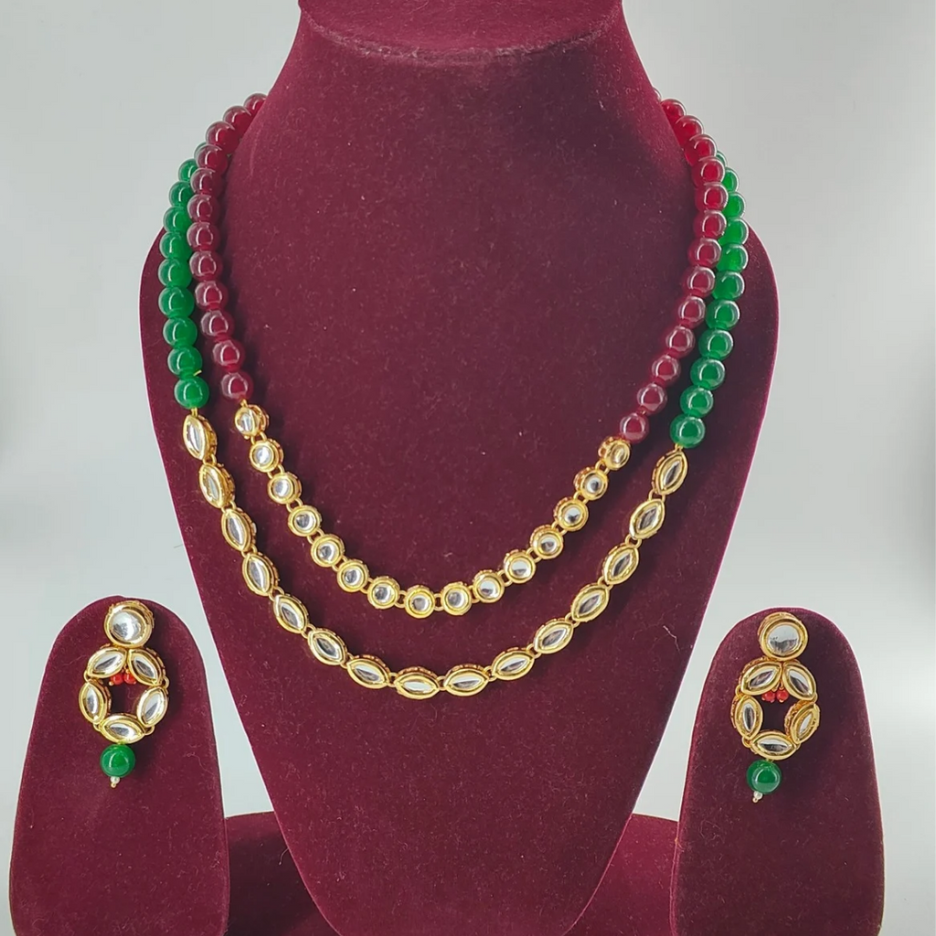 Multicolour Pearl & Kundan Stone 2 Layer Necklace Set