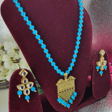 Blue Glass Beads long Pendant Set with Kundan Earrings