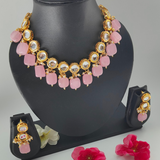 Pink Tumble Bead & Kundan Necklace Set"