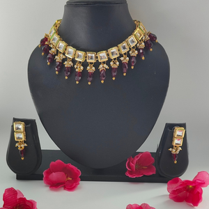 Maroon Crystal Beads Kundan Studded Necklace Set