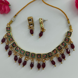 Maroon Crystal Beads Kundan Studded Necklace Set