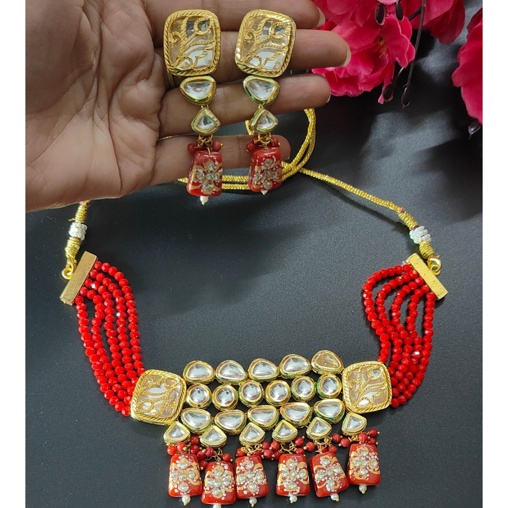 Red Crystal Beads Kundan Choker Set