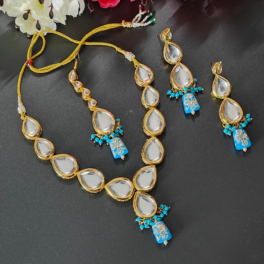 SkyBlue Kundan Studded Gold Plated Necklace Set