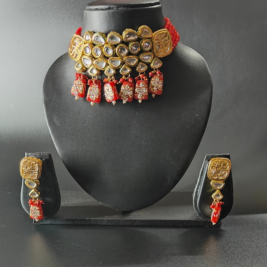 Red Crystal Beads Kundan Choker Set