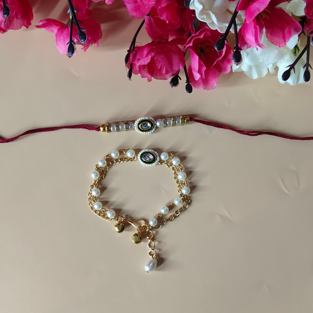 White Kundan & Beads Couple Rakhi