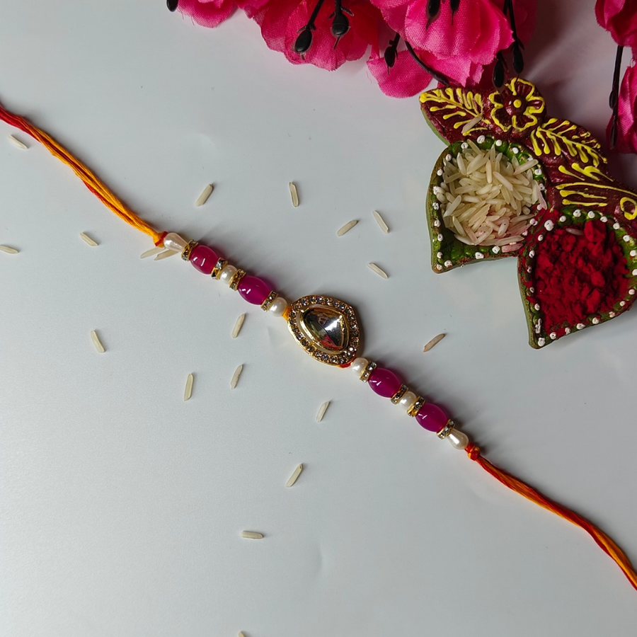 Handcrafted Gold Plated Kundan Studded & Pink Bead Rakhi