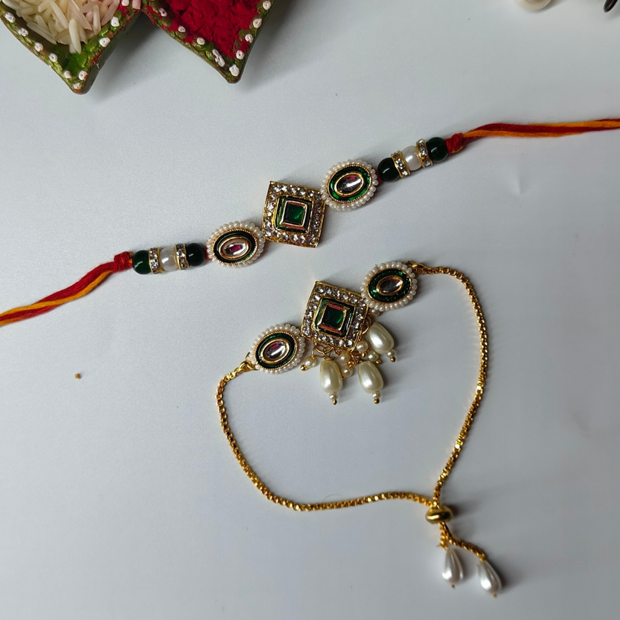 Green Kundan & Beads Couple Rakhi