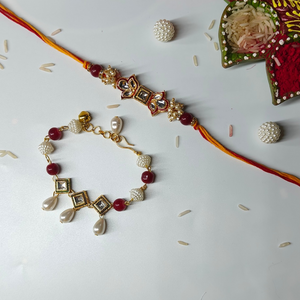 Red, Green Kundan & Beaded Couple Rakhi