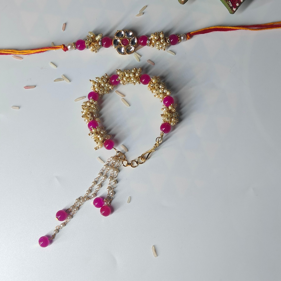 Pink Kundan & Beaded Couple Rakhi