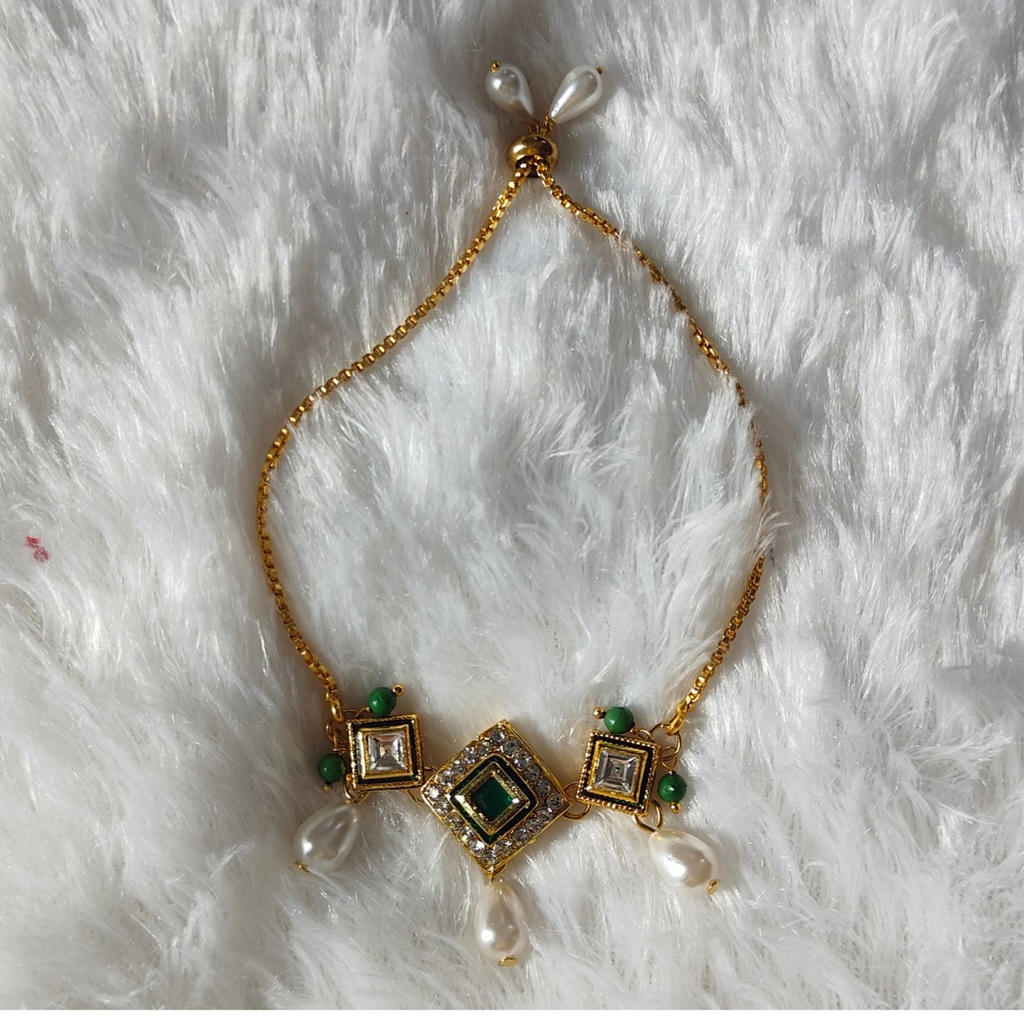 Gold Plated Green Kundan Stone Chain Bracelet