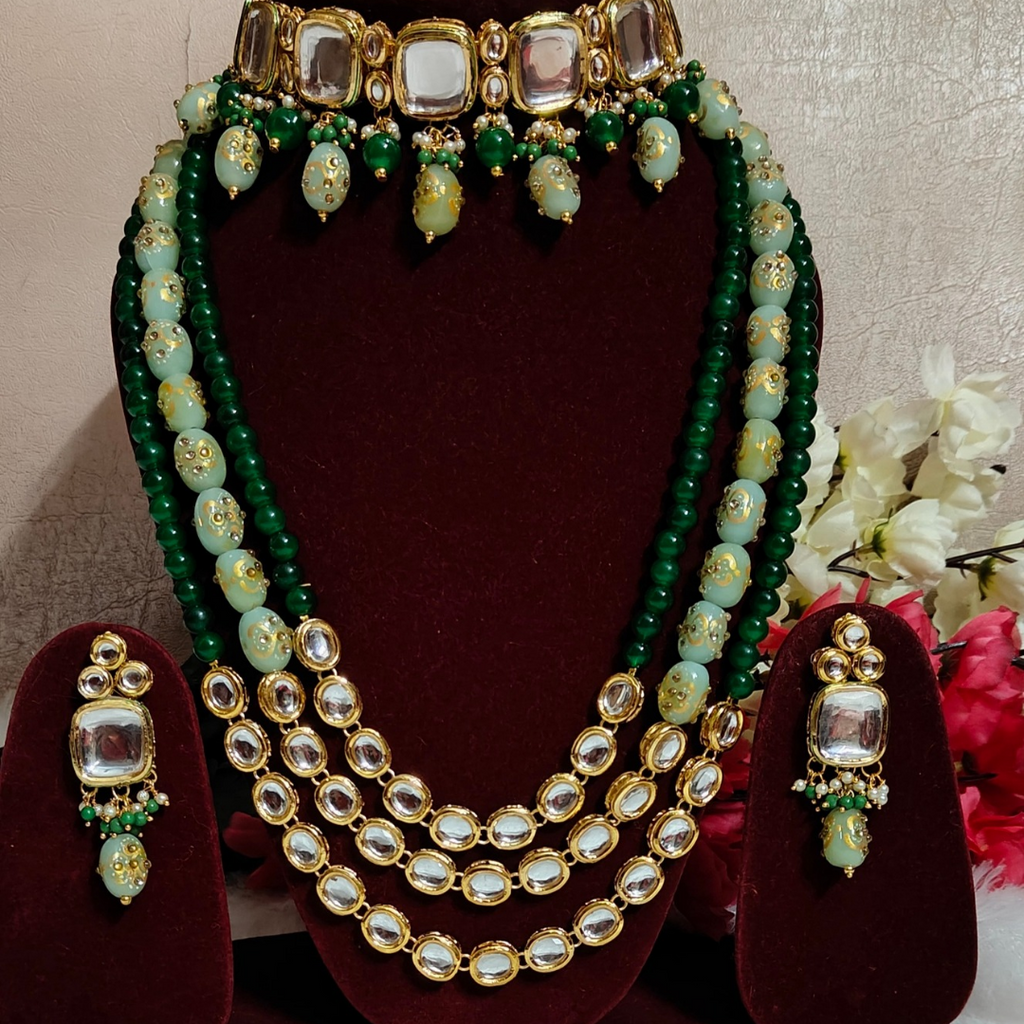 Gold Plated Green Kundan Choker & long 3 layer Necklace set with Earrings