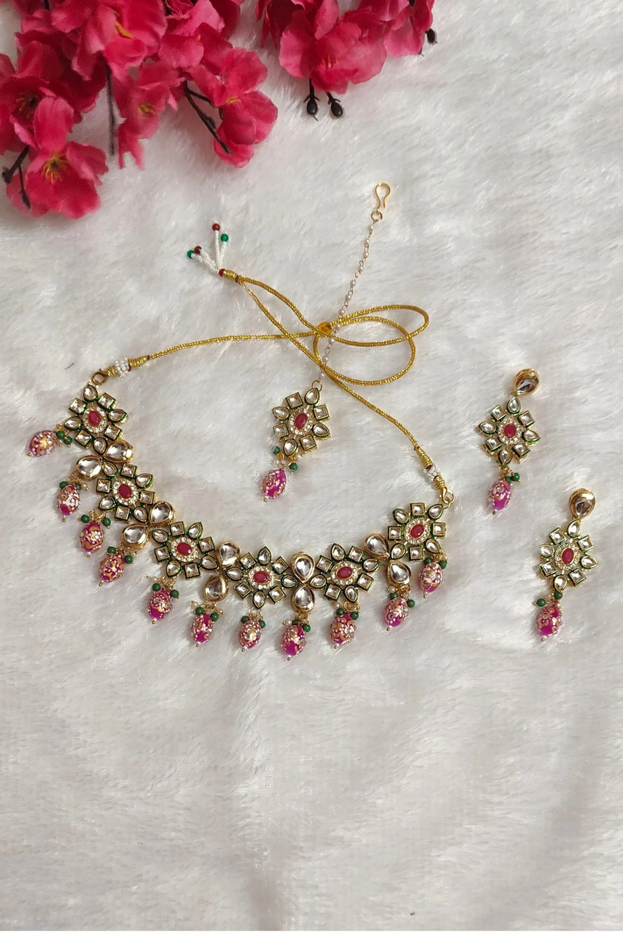 Pink Kundan Studded Necklace set with Earrings & Mangtika