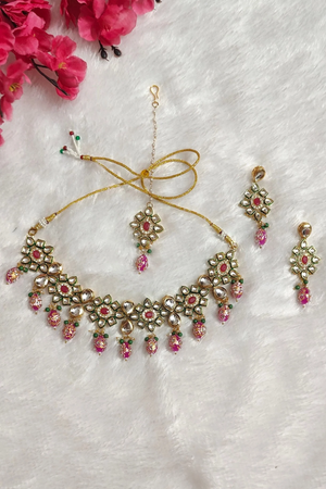 Pink Kundan Studded Necklace set with Earrings & Mangtika