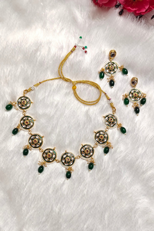 Green Kundan Studded Necklace Set with Earrings