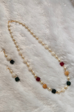 Multicolour Tumble Bead Stone & White Pearl Long Mala set