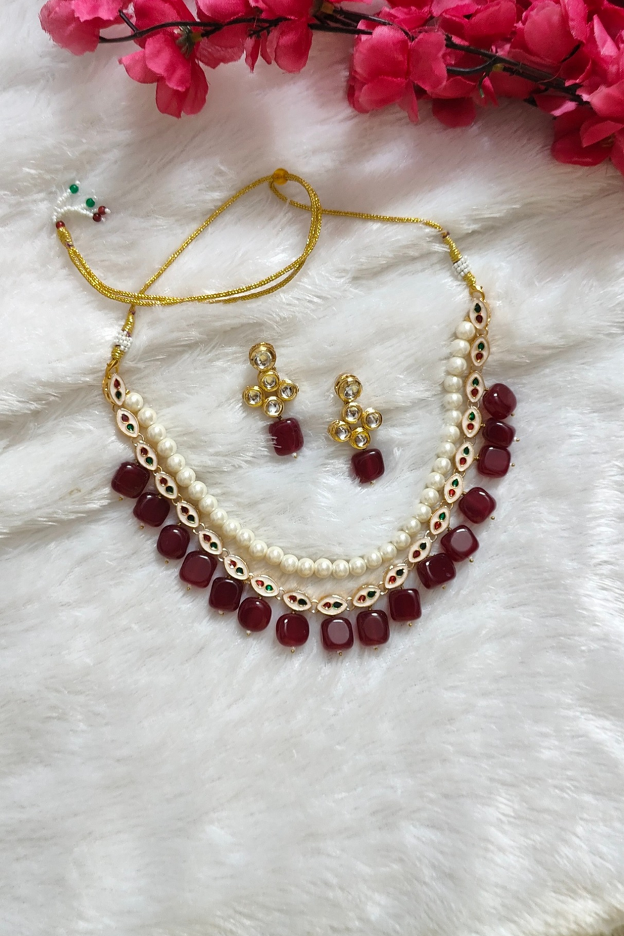 Maroon Tumble Bead Stone Kundan Necklace Set