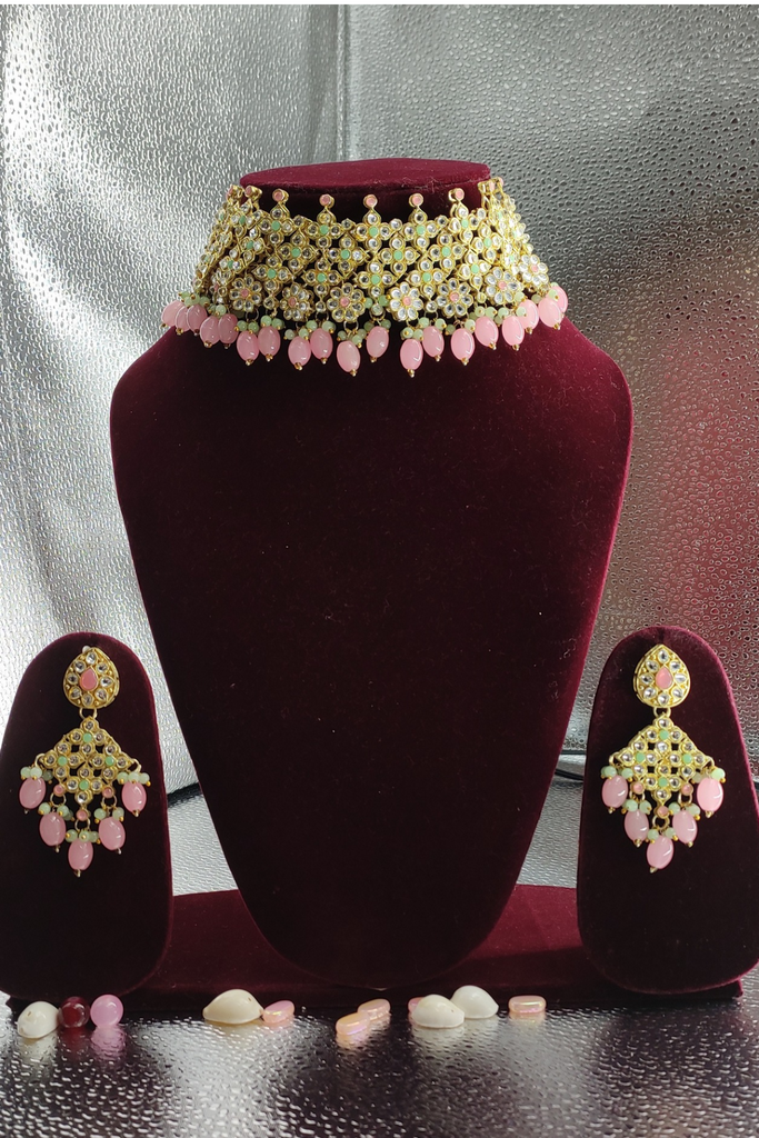 Pink & Green Kundan Studded Necklace Set