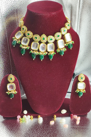 Green Kundan Studded Gold Plated Necklace Set