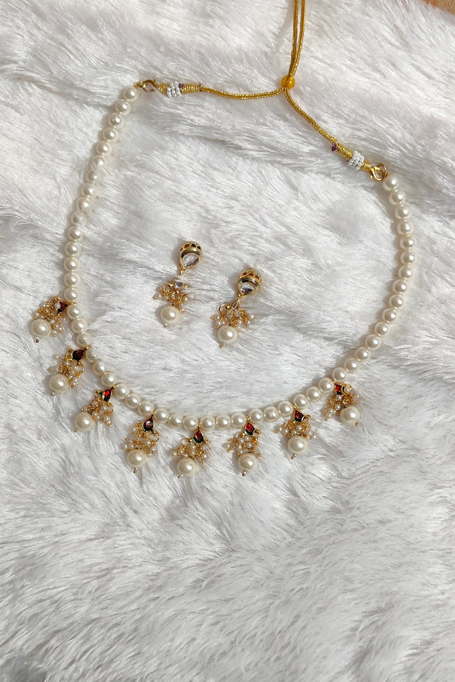 White Pearl & kundan Hanging Necklace Set