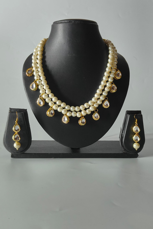 White Pearl & kundan 2 Layer Necklace Set