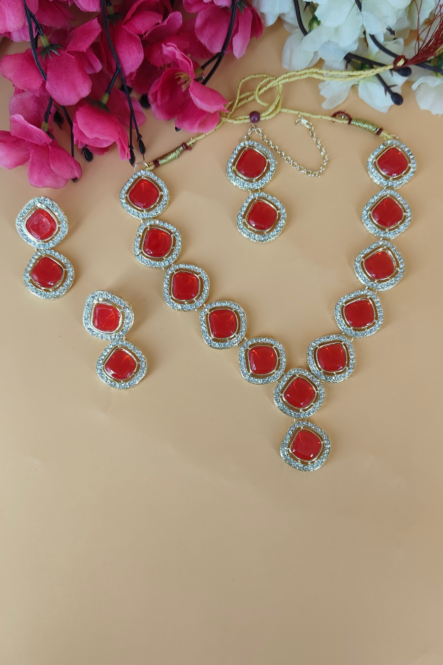 Red Kundan Uncut Polki Set with Earrings & Mangtika