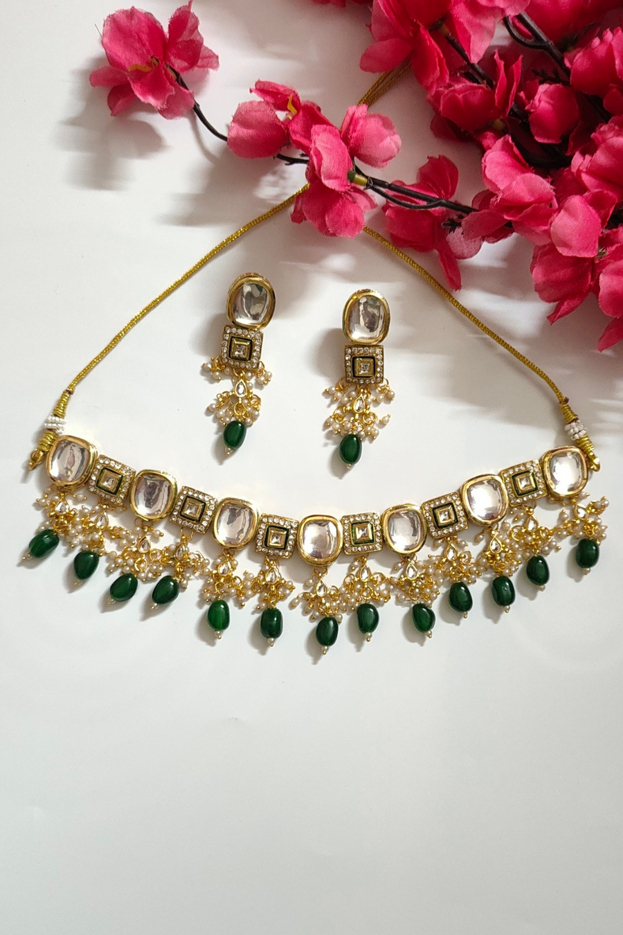 Green kundan & Tumble Bead Stone Necklace Set