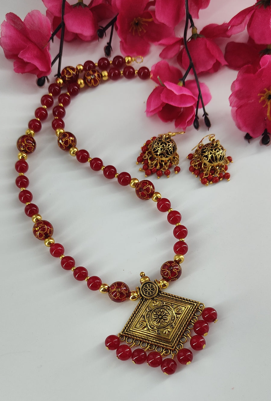 Red long Mala Pendant Set with Earring