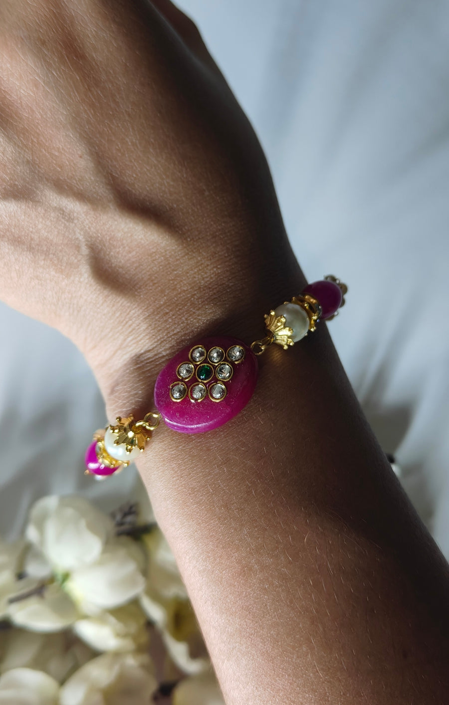 Pink Stone Bead & Ganthan Mala Bracelet