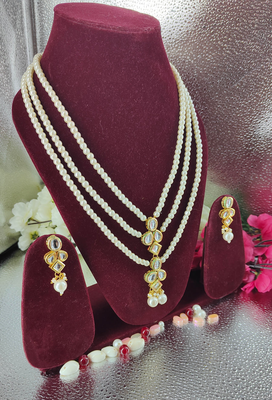 White Kundan & Pearl  3 layer Necklace Set