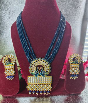 Nevy Blue Crystal Beads long Pendant Set with Earrings