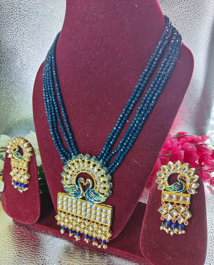 Nevy Blue Crystal Beads long Pendant Set with Earrings