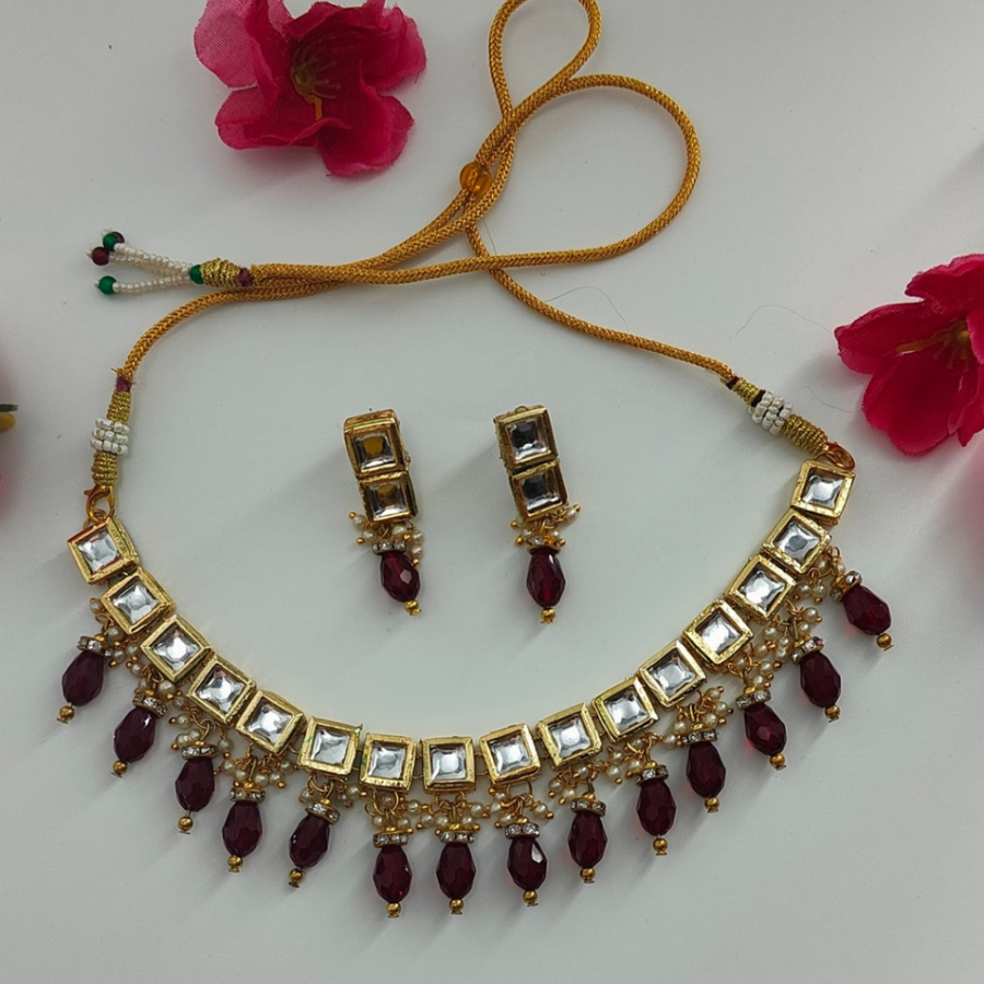 Maroon Crystal Beads Kundan Studded Necklace Set