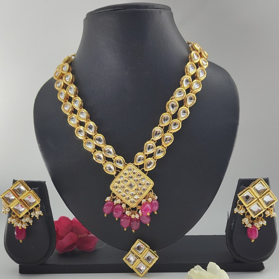 Pink 2 layer Kundan Pendant Set with Earrings & Ring