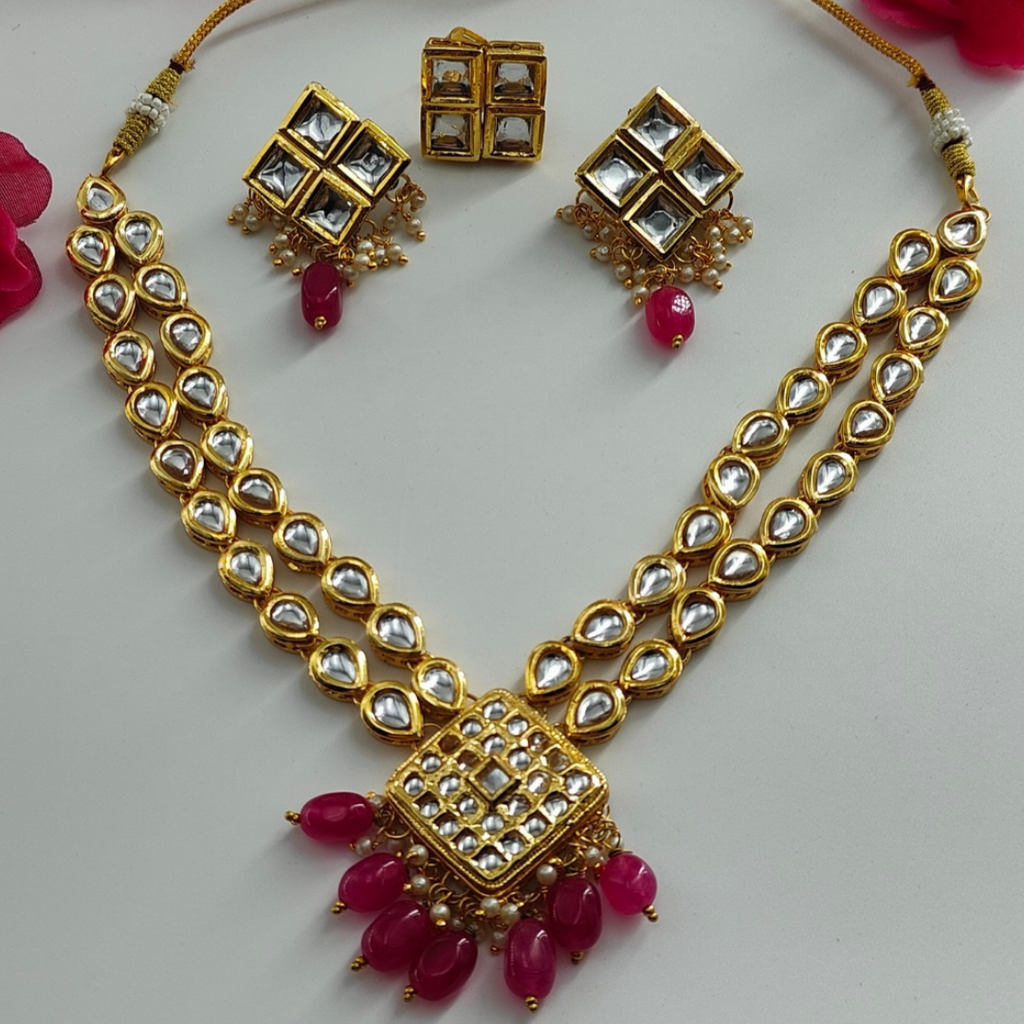 Pink 2 layer Kundan Pendant Set with Earrings & Ring