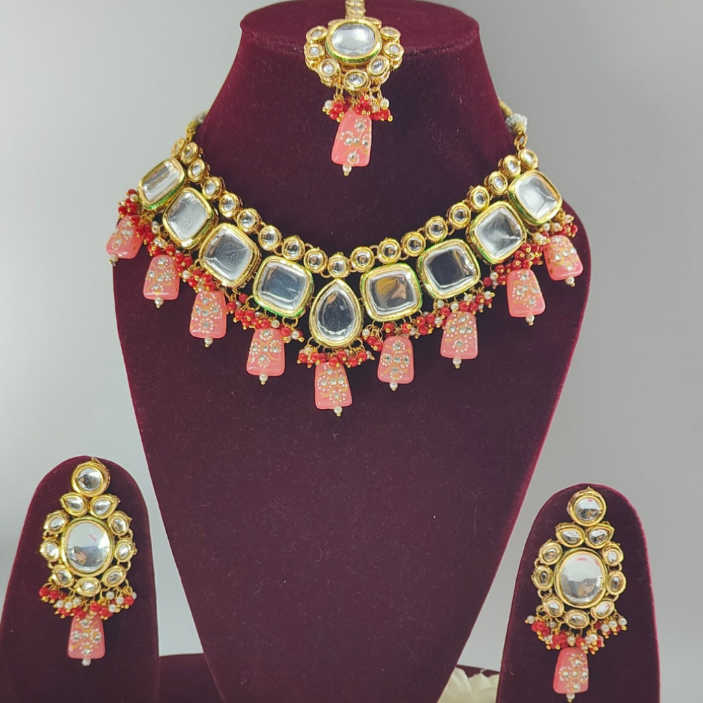 Peach Gold Plated Kundan Studded Necklace Set