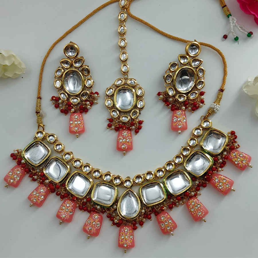 Peach Gold Plated Kundan Studded Necklace Set