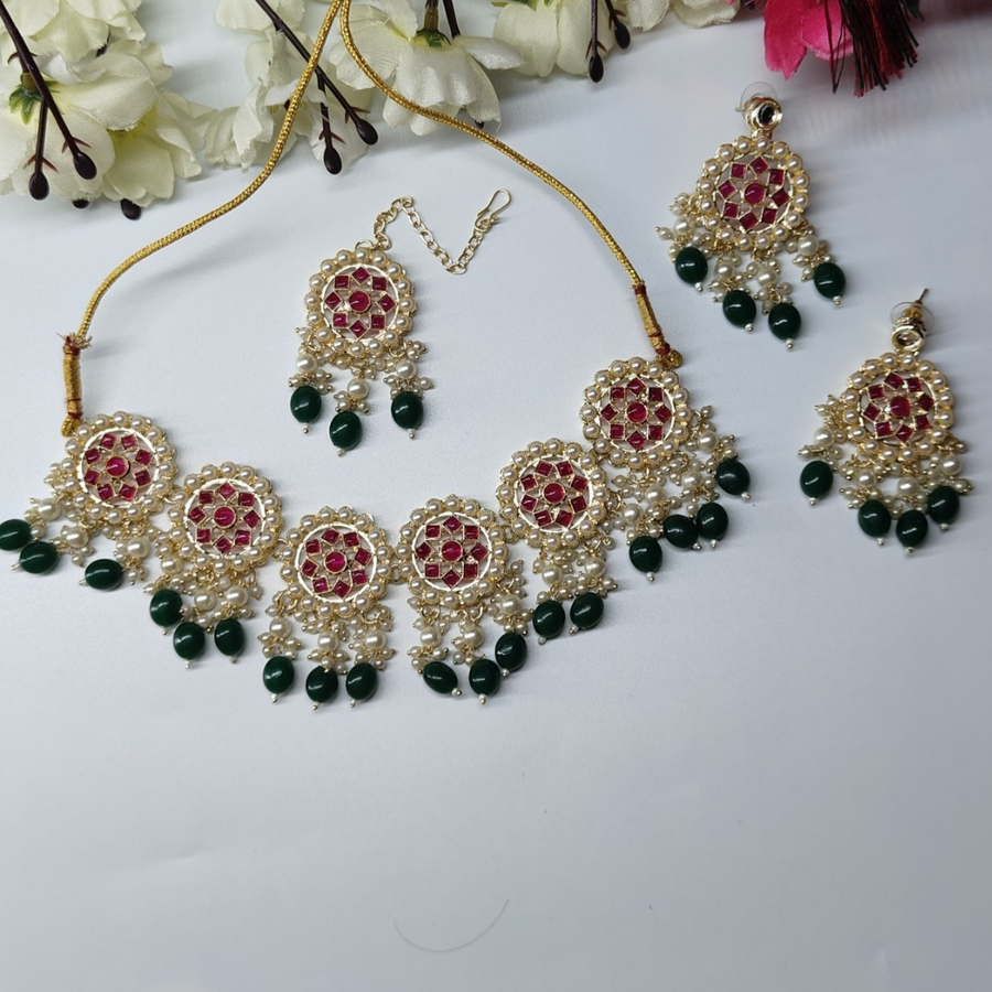 Green Kundan Studded Necklace set with Earrings & Mangtika