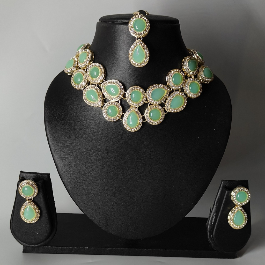 Mint Monalisa beads Kundan Necklace set