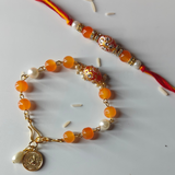 Orange Tumble Bead Stone Couple Rakhi