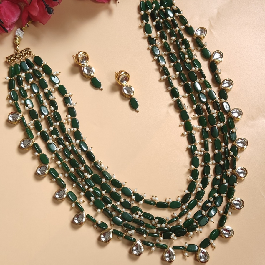 Green Beads & Kundan 5 layer Necklace Set