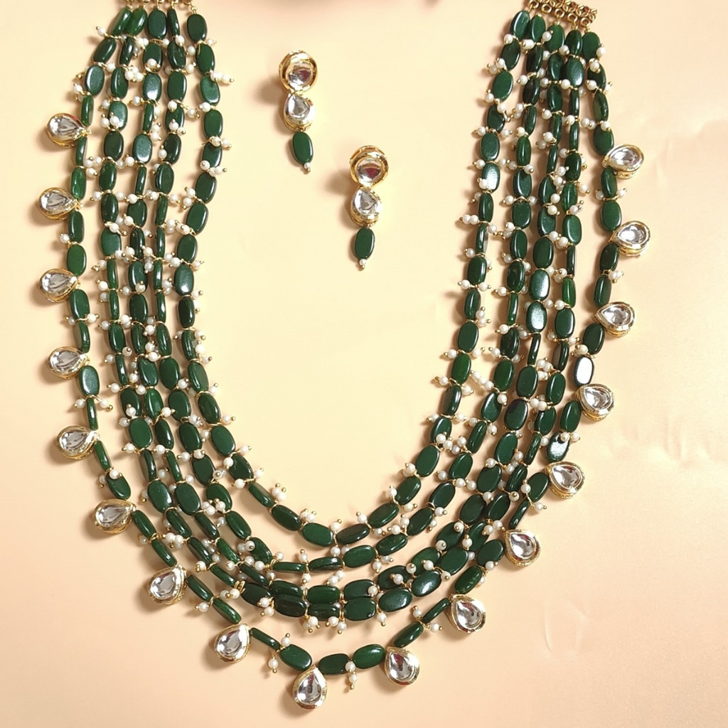 Green Beads & Kundan 5 layer Necklace Set