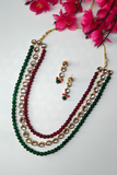 Green & Maroon Beads & Kundan Studded 3 layer Necklace set