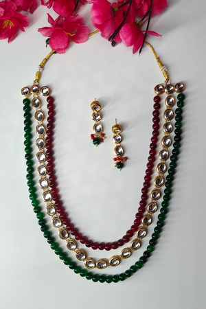 Green & Maroon Beads & Kundan Studded 3 layer Necklace set