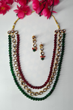 Green & Maroon Beads & Kundan Studded 3 layer Necklace set