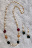 Multicolour Tumble Bead Stone & White Pearl Long Mala set