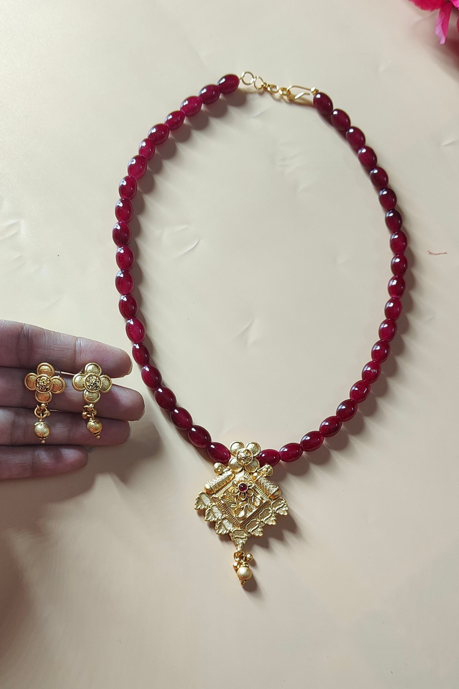 Maroon Beads Mala with Gold Plated Pendent  Set