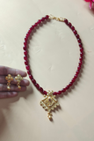 Maroon Beads Mala with Gold Plated Pendent  Set