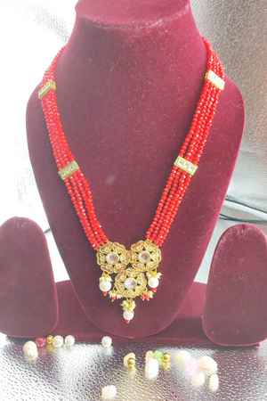 Red Crystal Beads & Kunda Long Pendent Set